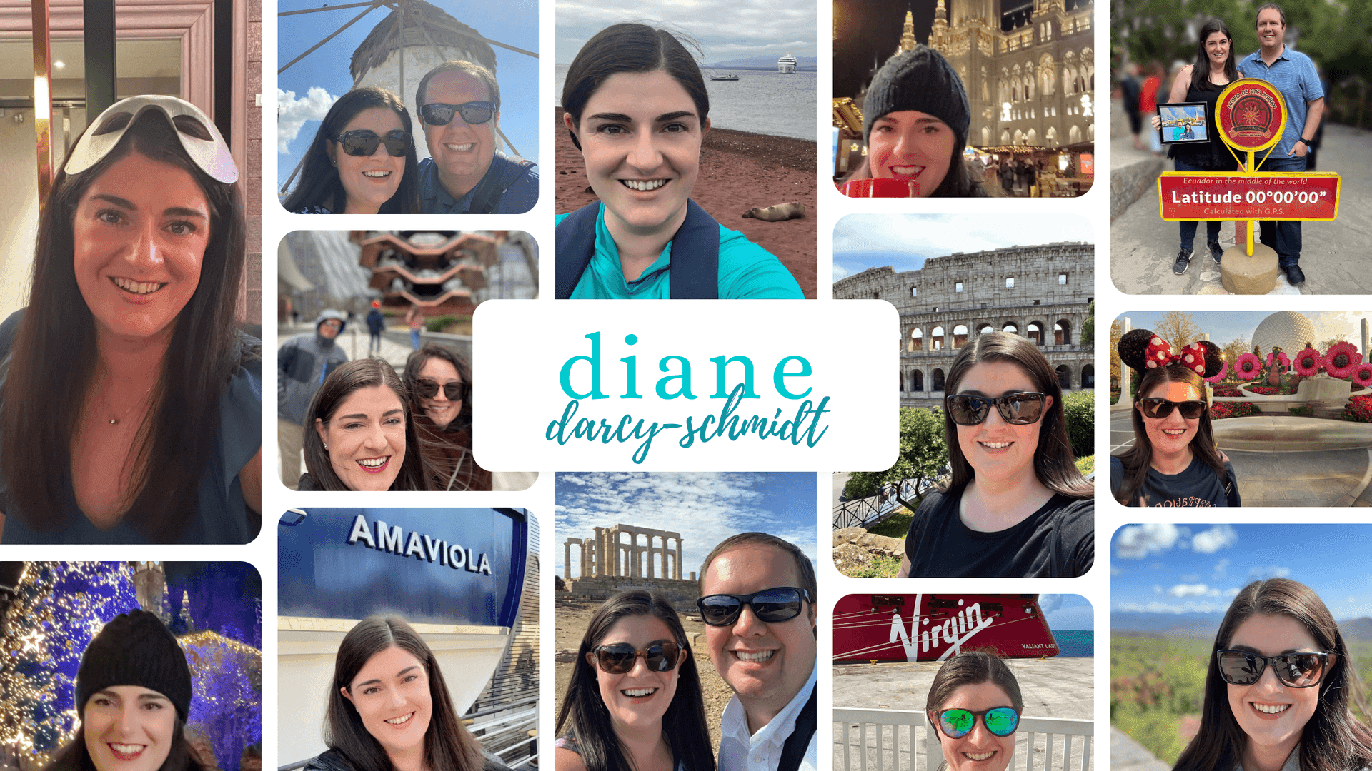 Photos of Diane Darcy-Schmidt while traveling the world